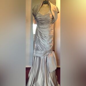 Jovani Strapless Silver Gown with mini shrub